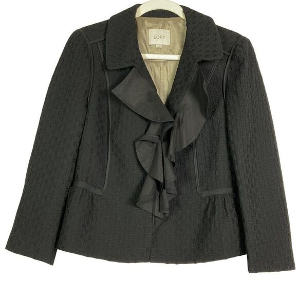 LOFT Women's Black Wool Blend Ruffle Front Jacket/Blazer, Size 10, Lined - Picture 2 of 11